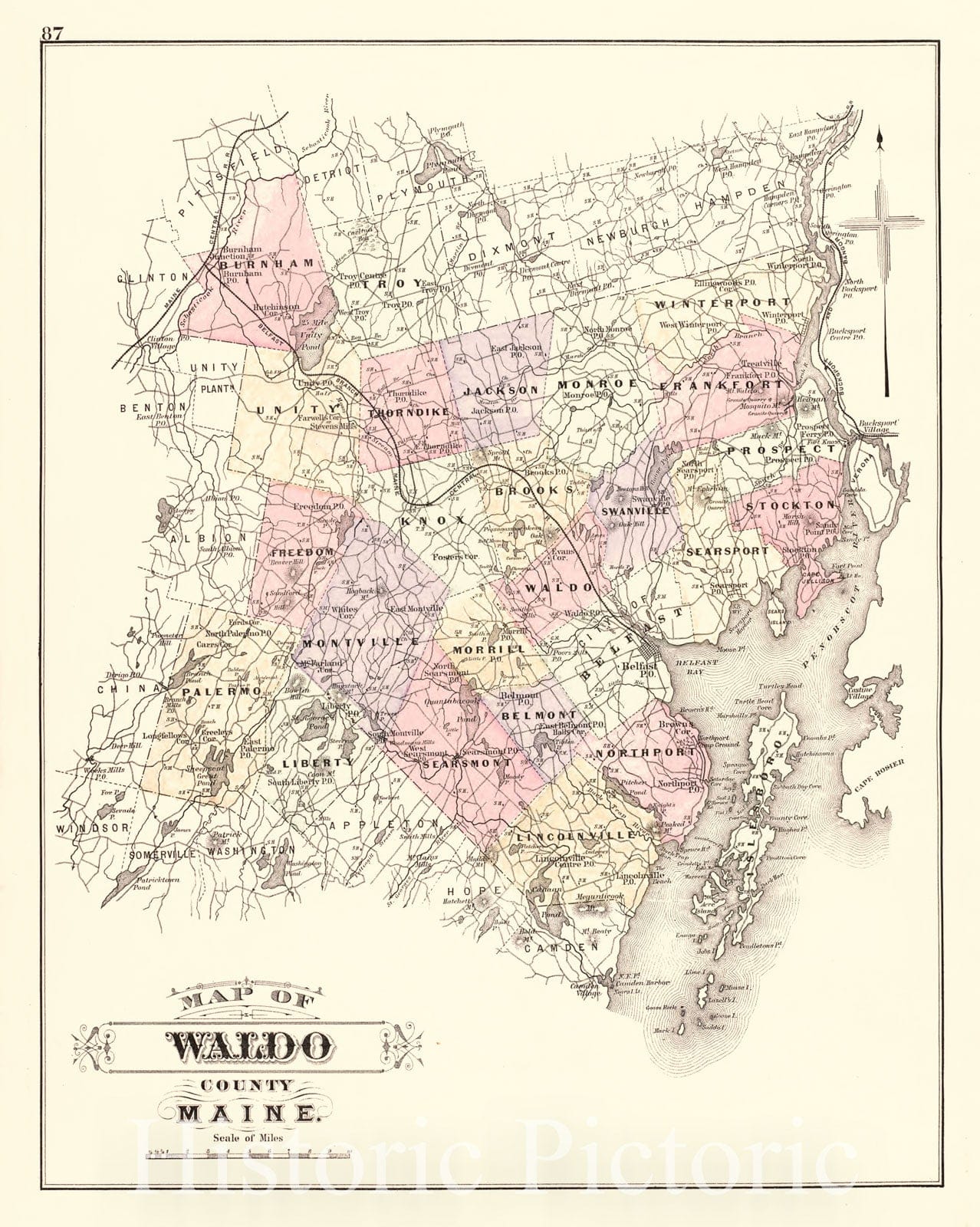 Historic 1887 Map - Colby's Atlas of The State of Maine - Map of Waldo County Maine