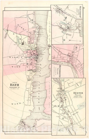 Historic 1887 Map - Colby's Atlas of The State of Maine - City of Bath; Winthrop Village; Richmond Village; Dexter Village