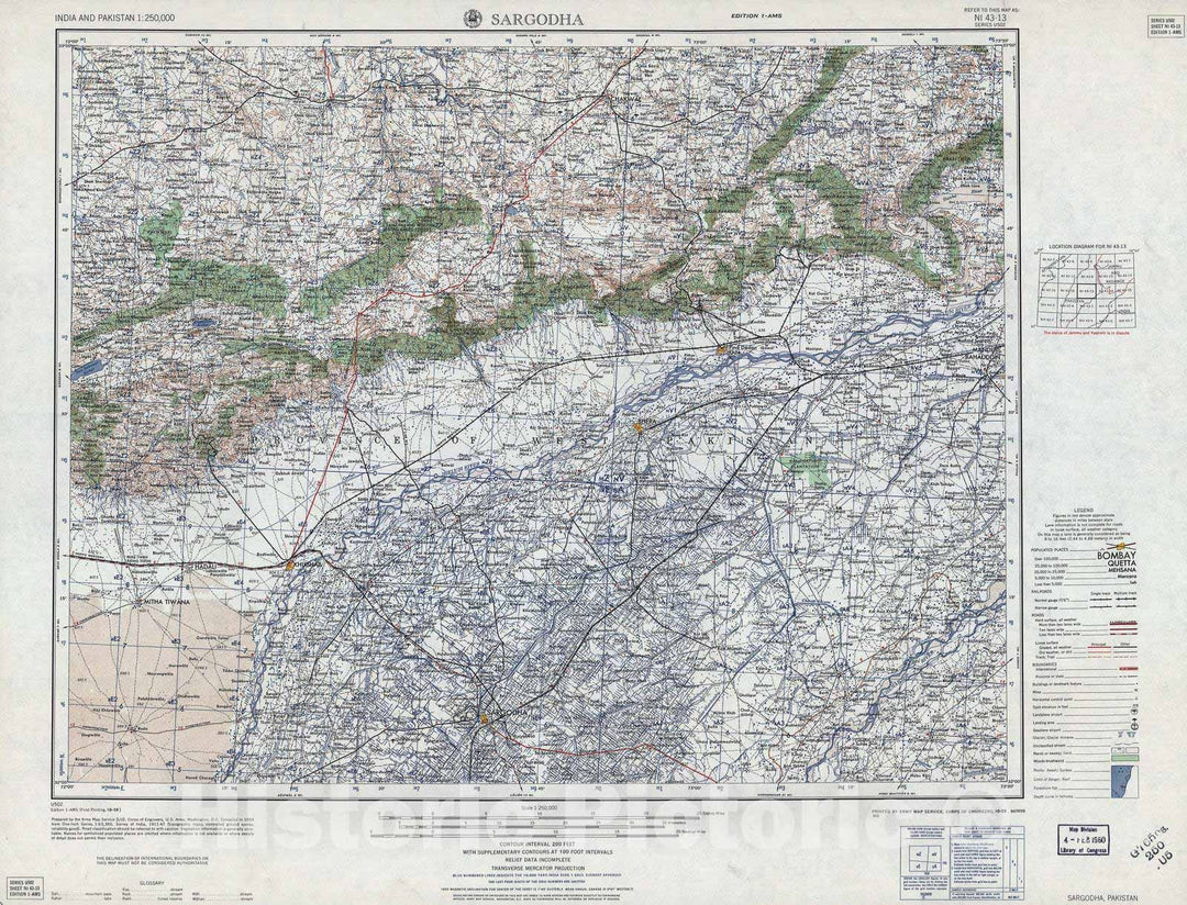 Historic 1955 Map - India and Pakistan 1:250,000. - Sargodha, Paksitan, 1959
