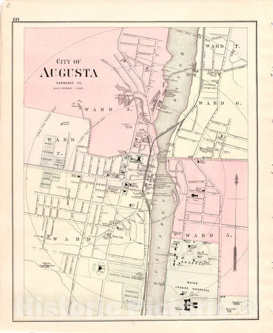 Historic 1887 Map - Colby's Atlas of The State of Maine - City of Augusta