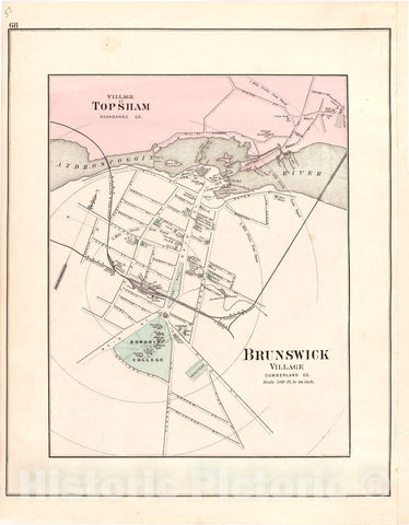 Historic 1887 Map - Colby's Atlas of The State of Maine - Village of Topsham; Brunswick Village