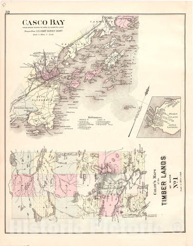 Historic 1887 Map - Colby's Atlas of The State of Maine - Casco Bay; Colby's Maps of The Timber Lands of Maine No. 1