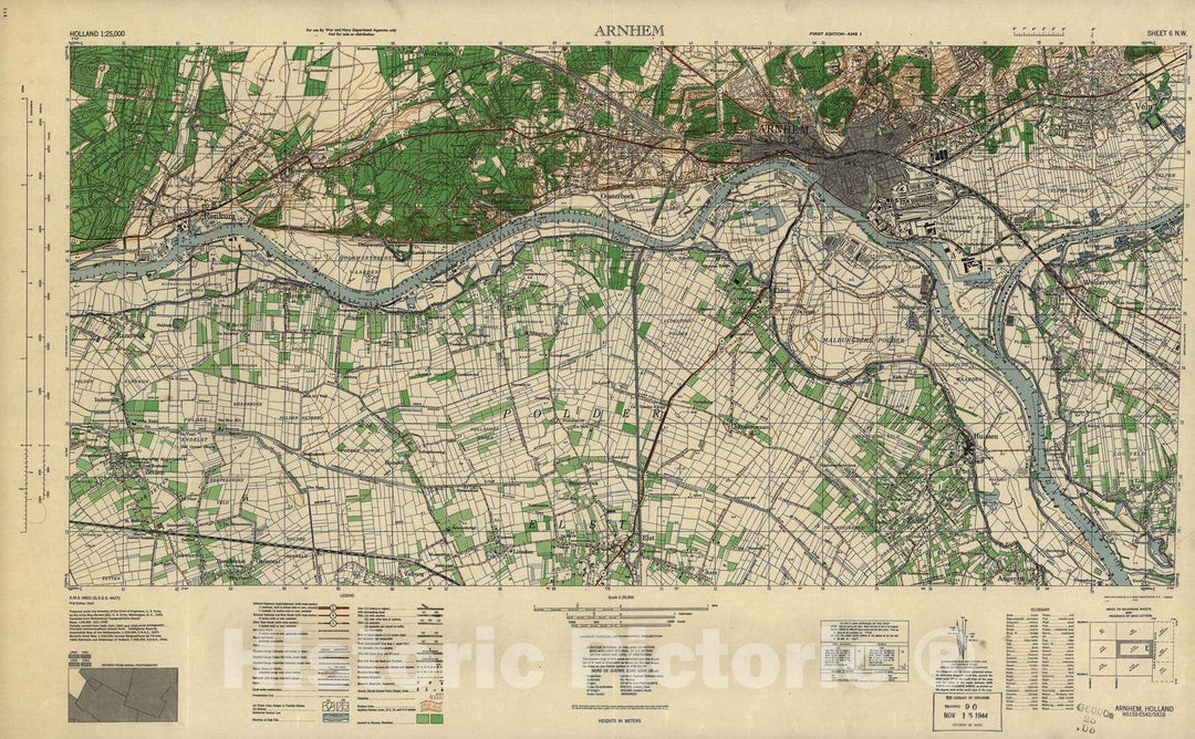 Historic 1943 Map - Holland 1:25,000 - Arnhem, Holland - A.M.S. M831
