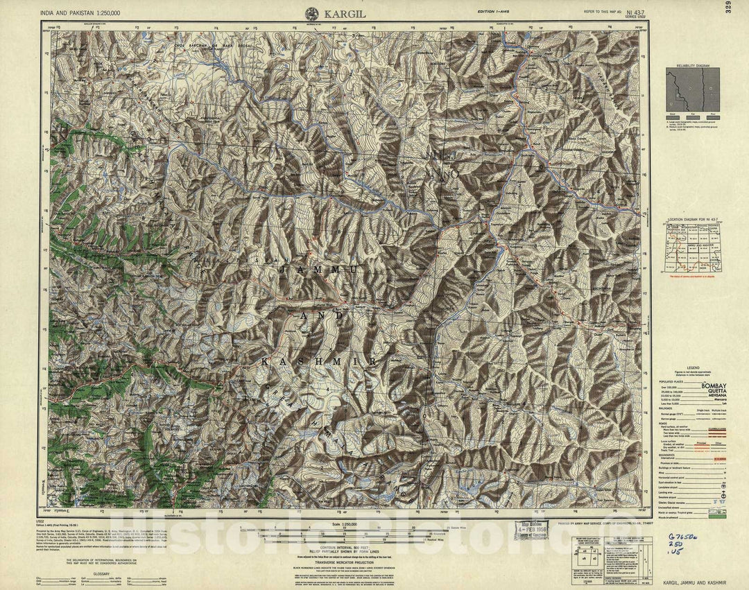 Historic 1955 Map - India and Pakistan 1:250,000. - Kargil, Jammu and Kashmir 1955