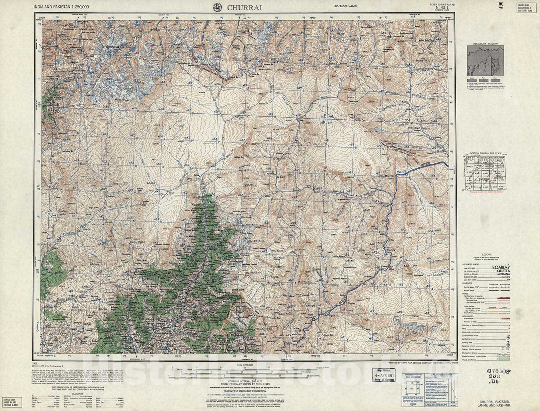 Historic 1955 Map - India and Pakistan 1:250,000. - Churrai, Pakistan, Jammu and Kashmir 1959