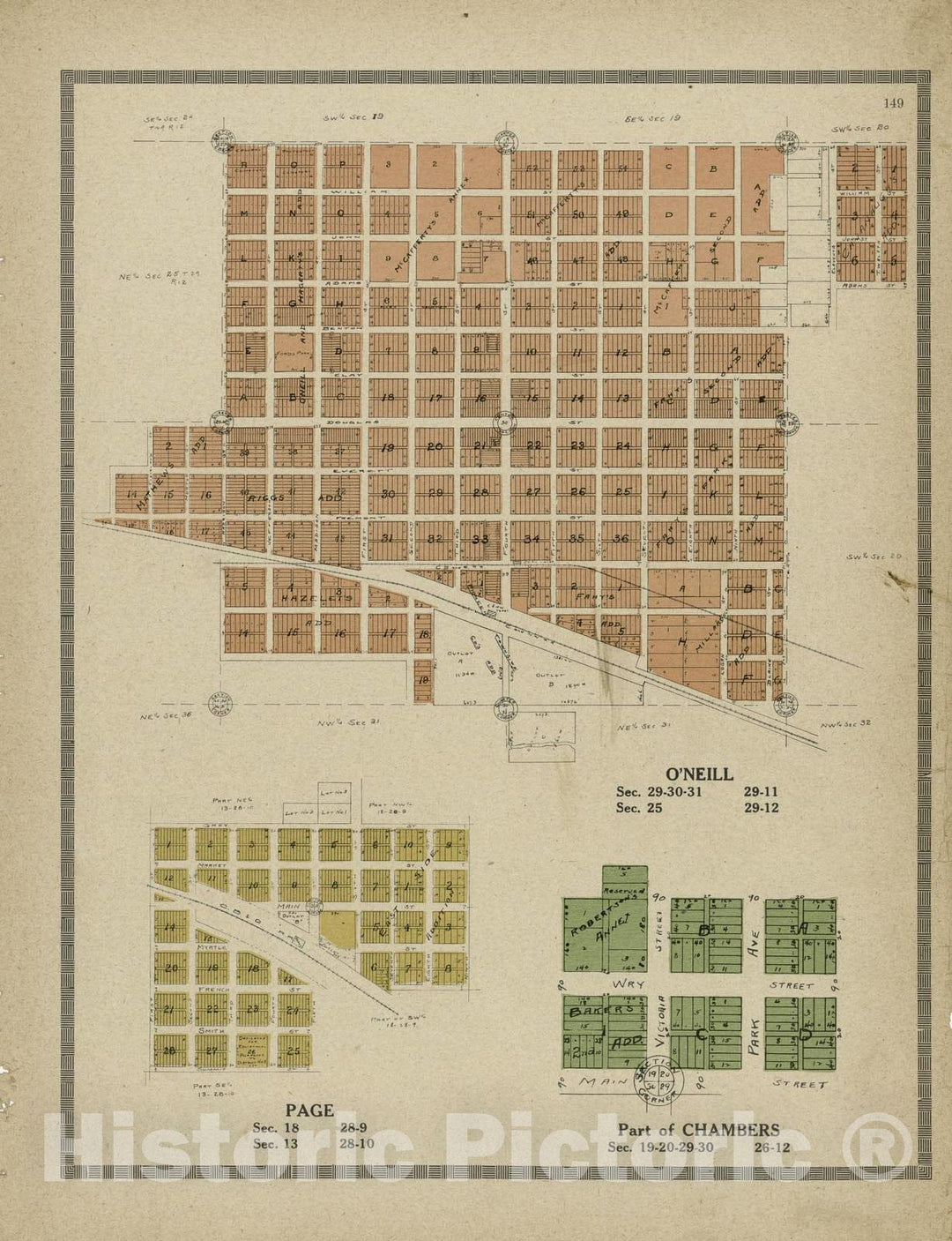 Historic 1915 Map - Atlas and plat Book of Holt County, Nebraska - 149: Page; O'Neill; Part of Chambers - Standard Atlas and Directory of Holt County, Nebraska