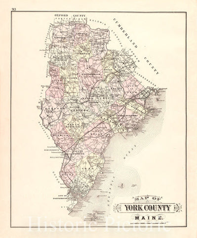 Historic 1887 Map - Colby's Atlas of The State of Maine - Map of York County Maine