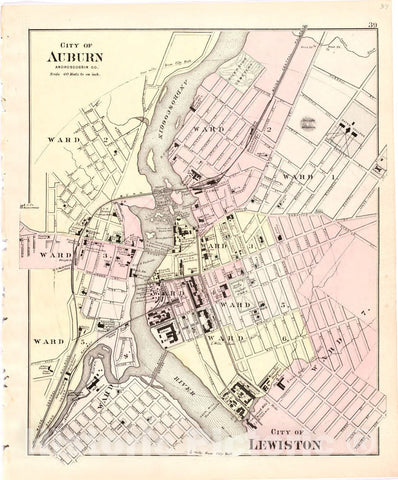 Historic 1887 Map - Colby's Atlas of The State of Maine - City of Auburn