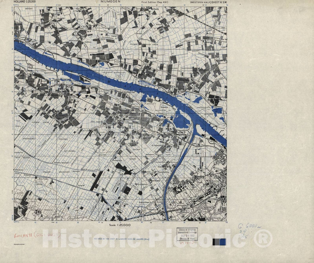 Historic 1943 Map - Holland 1:25,000 - Nijmegen, Holland, 1944 - A.M.S. M831