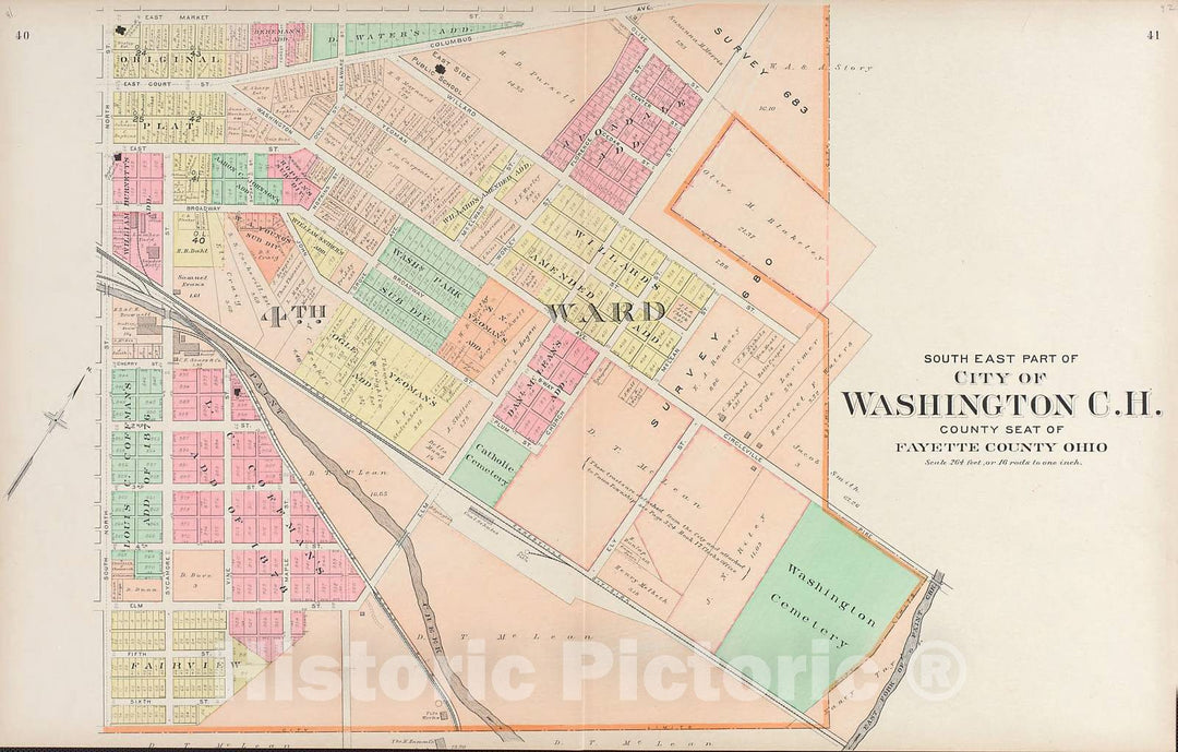 Historic 1913 Map - Plat Book of Fayette County, Ohio - Couth East Part of City of Washington City C.H, County Seat of Fayette, Ohio