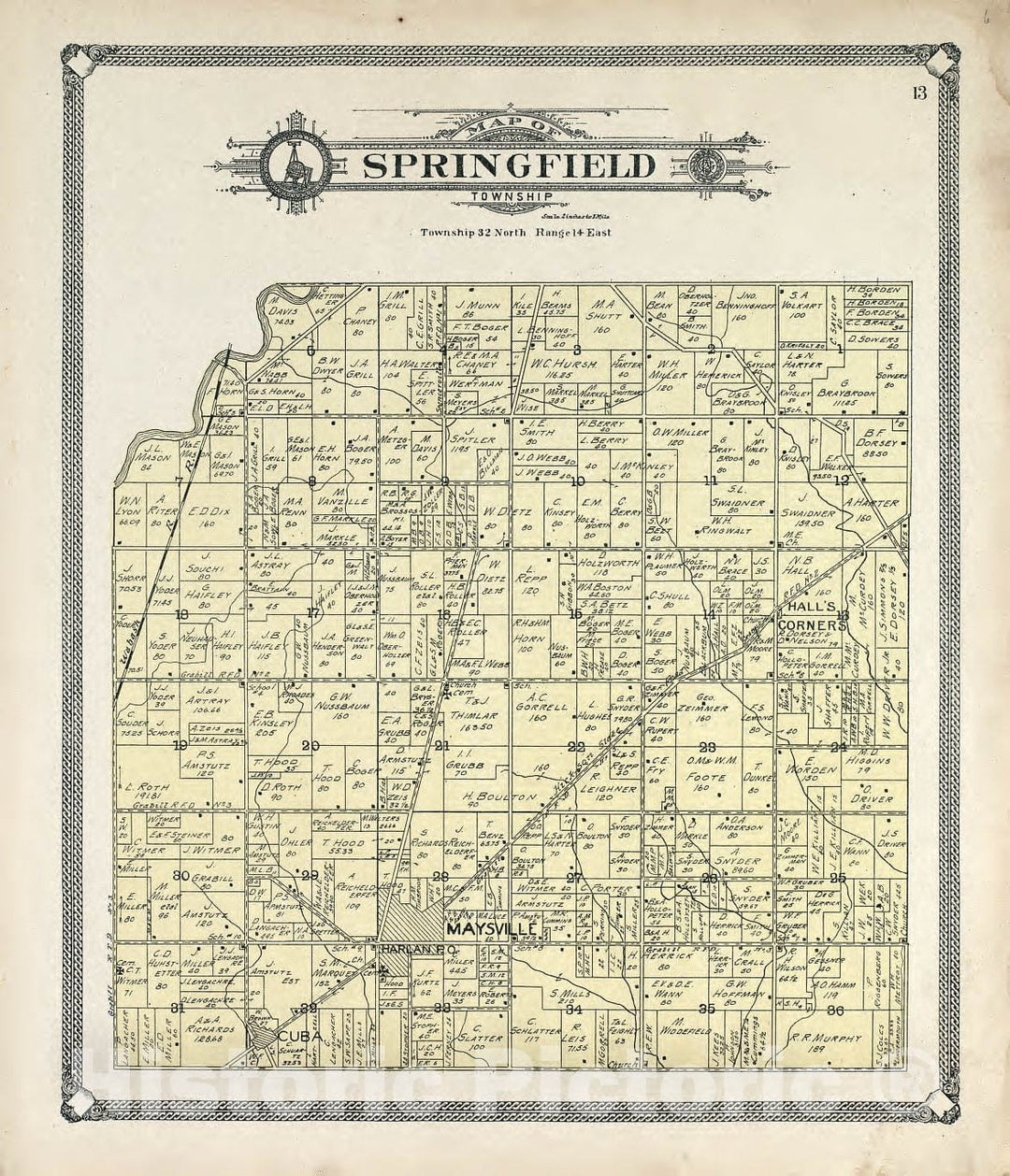 Historic 1907 Map - Plat Book of Allen County, Indiana. - Map of Springfield Township