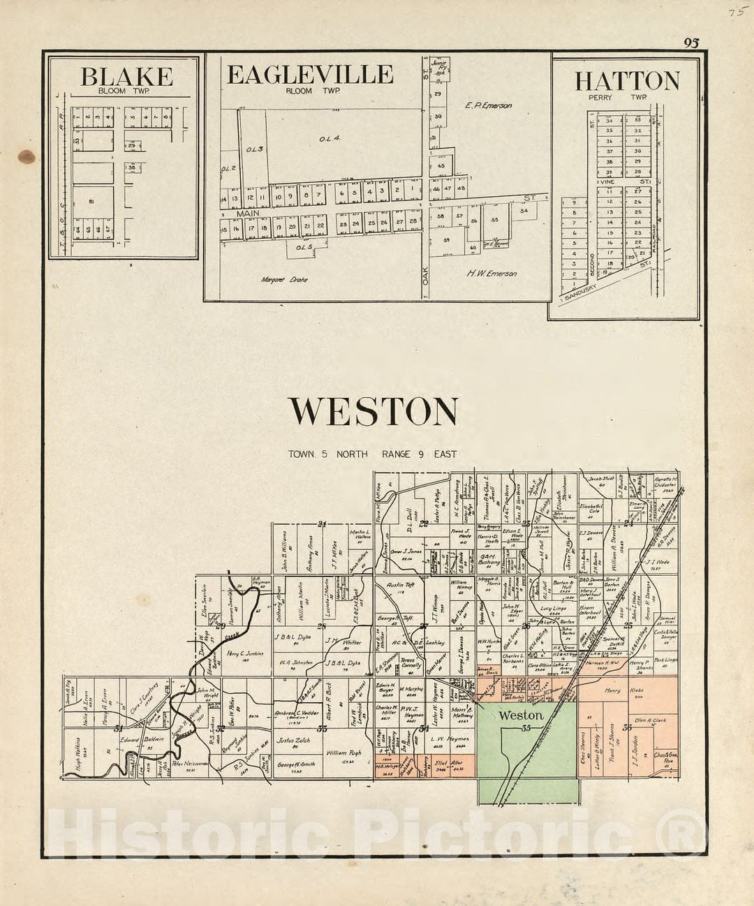 Historic 1912 Map - an Atlas of Wood County, Ohio - Blake; Eagleville; Hatton; Weston