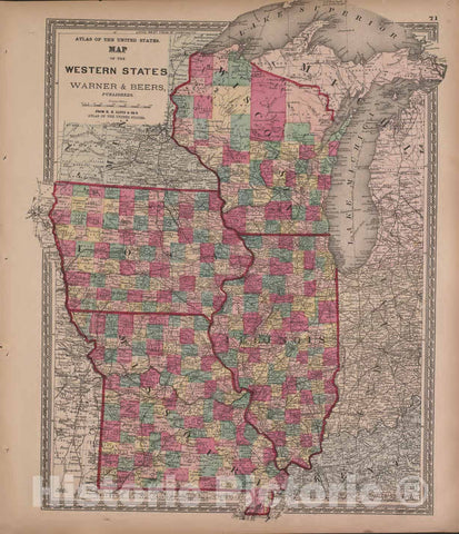 Historic 1870 Map - Atlas of Marshall Co. and The State of Illinois - Map of The Central States, Warner and Beers - Atlas of Marshall County and The State of Illinois