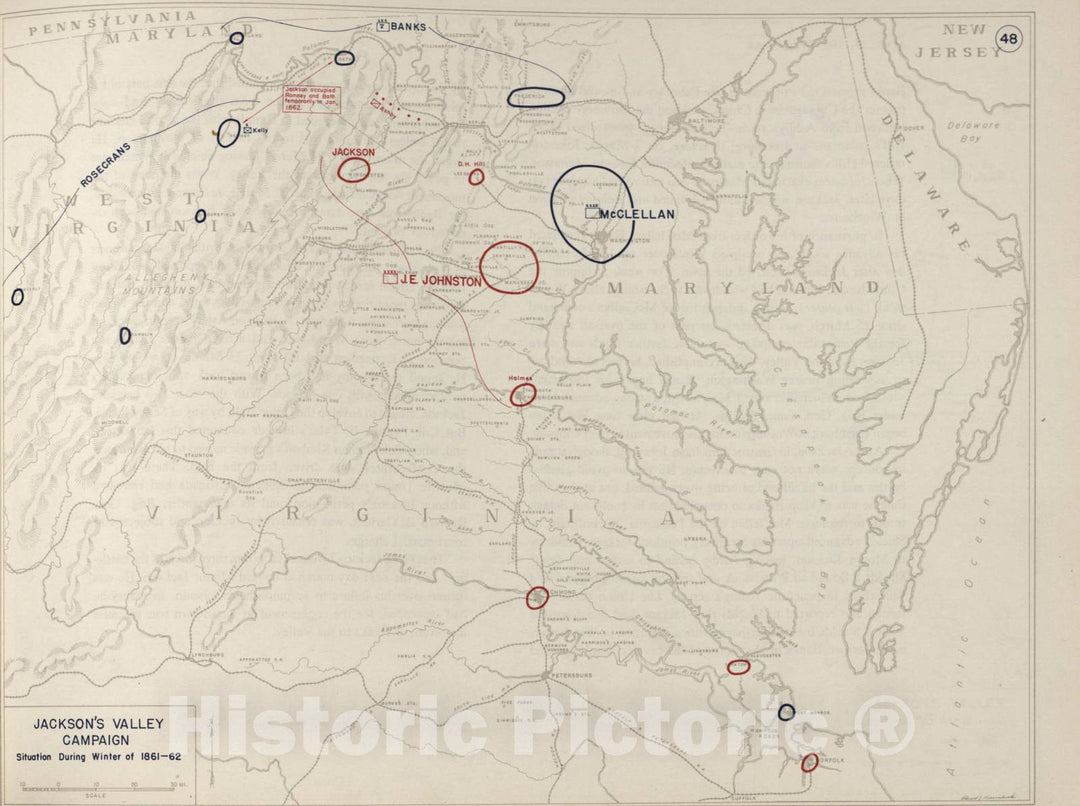 Historic 1962 Map - The West Point Atlas of The Civil War - Jackson's Valley Campaign, Cross Keys; Port Republic,1862