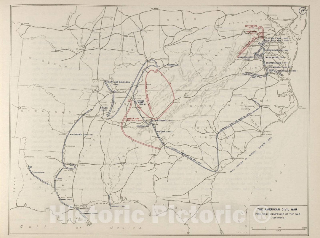 Historic 1962 Map - The West Point Atlas of The Civil War - American Civil War - Principal campaigns of The war