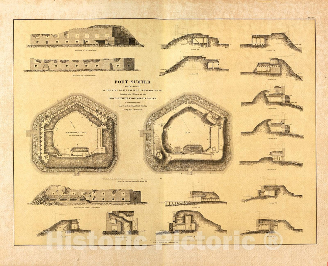 Historic 1879 Map - Military maps. - Fort Sumter, South Carolina, Showing Morris Island, 1865