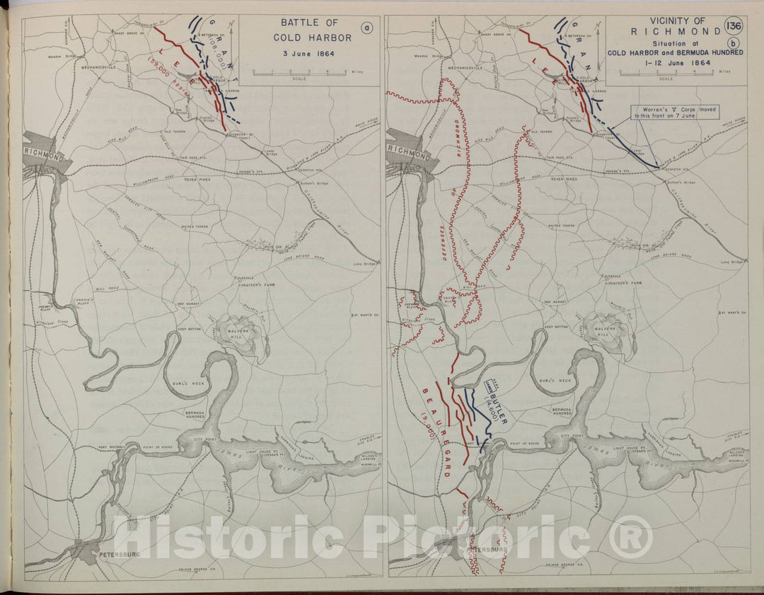 Historic 1959 Map - The West Point Atlas of American Wars - Battle of Cold Harbor, Richmond Vicinity; Bermuda Hundred, June 1864