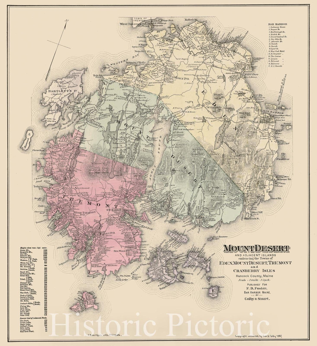 Historic 1887 Map - Mount Desert and Adjacent Islands: embracing The Towns of Eden, Mount Desert, Tremont, and Cranberry Isles, Hancock County, Maine;