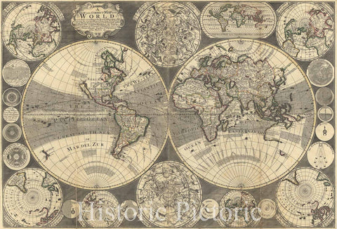 Historic 1702 Map - A New and Correct map of The World : Laid Down According to The Newest observations & Discoveries in Several Different projections Including The Trade Winds, monsoons