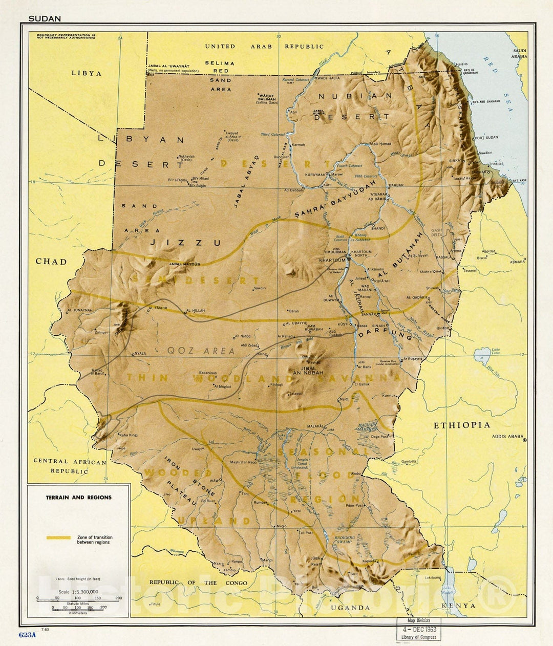 Historic 1963 Map - Sudan : Terrain and Regions.