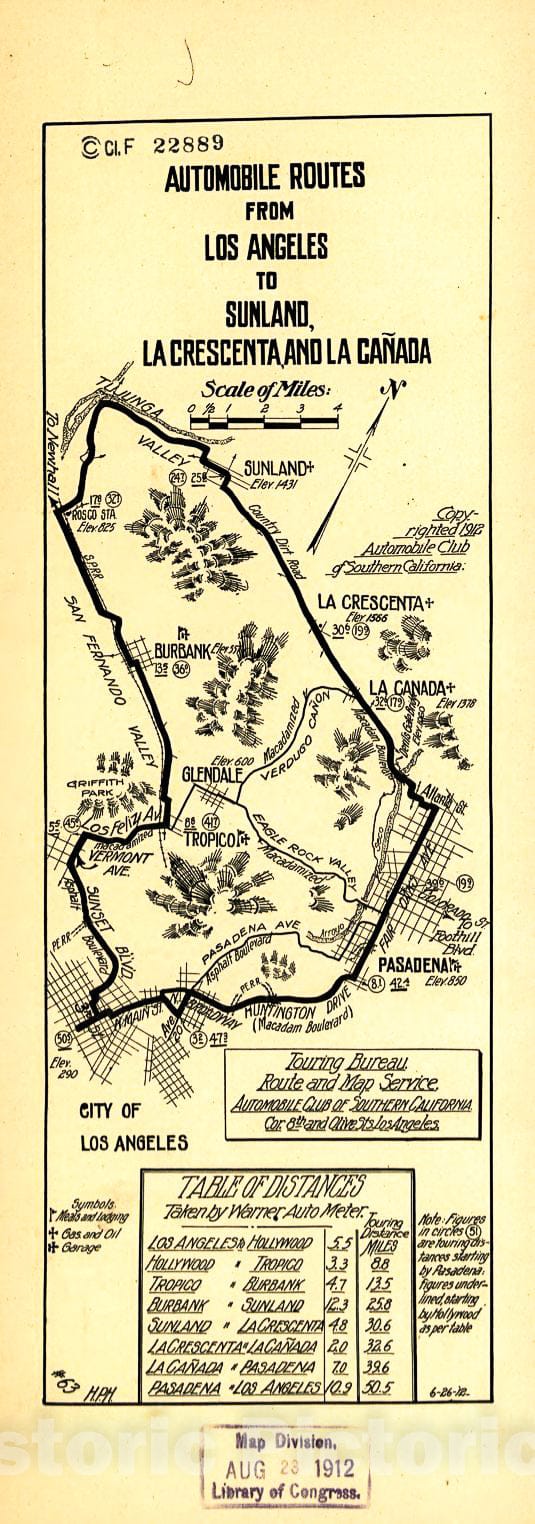 Historic 1912 Map - Automobile Routes from Los Angeles to Sunland, La Crescenta, and La Cañada