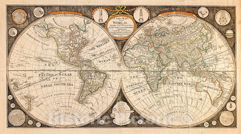 Historic 1799 Map - A New map of The World : with All The New Discoveries by Capt. Cook and Other Navigators : Ornamented with The Solar System, The eclipses of The Sun, Moon & Planets