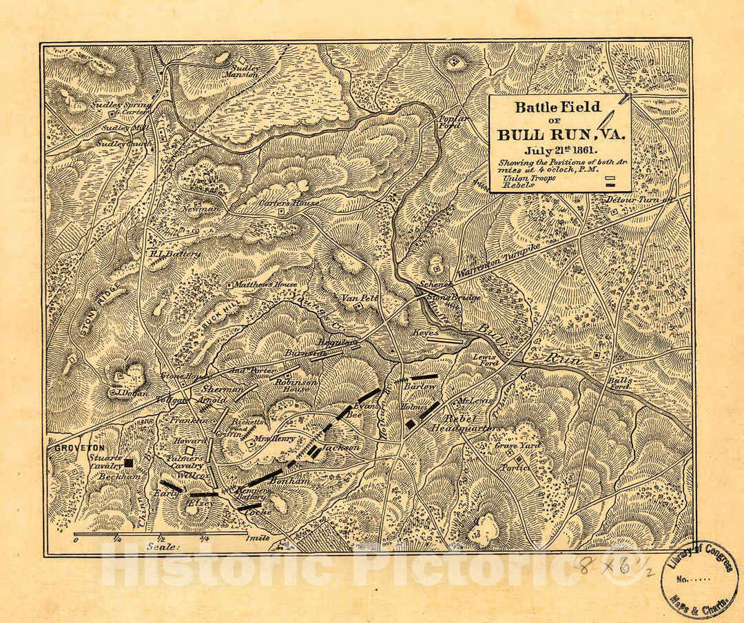 Historic 1861 Map - Battle Field of Bull Run, Va. July 21st 1861. Showing The Positions of Both Armies at 4 o'clock, P.M.