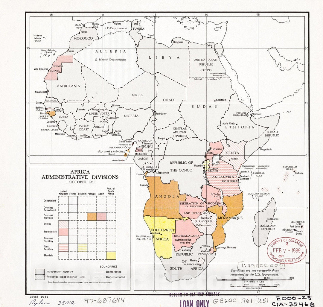 Historic 1961 Map - Africa, Administrative divisions, 1 October 1961.