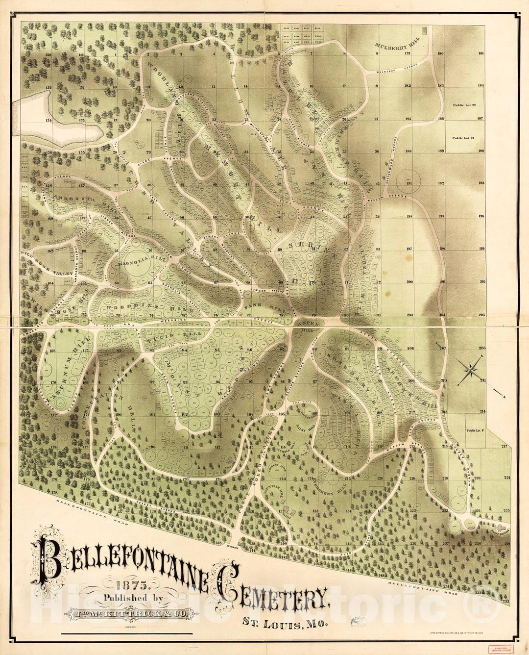 Historic 1875 Map - Bellefontaine Cemetery, St. Louis, Mo.