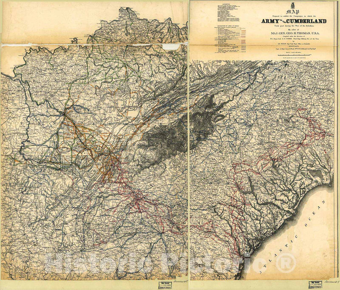 Historic 1865 Map - Map Prepared to Exhibit The campaigns in which The Army of The Cumberland Took Part During The War of The Rebellion