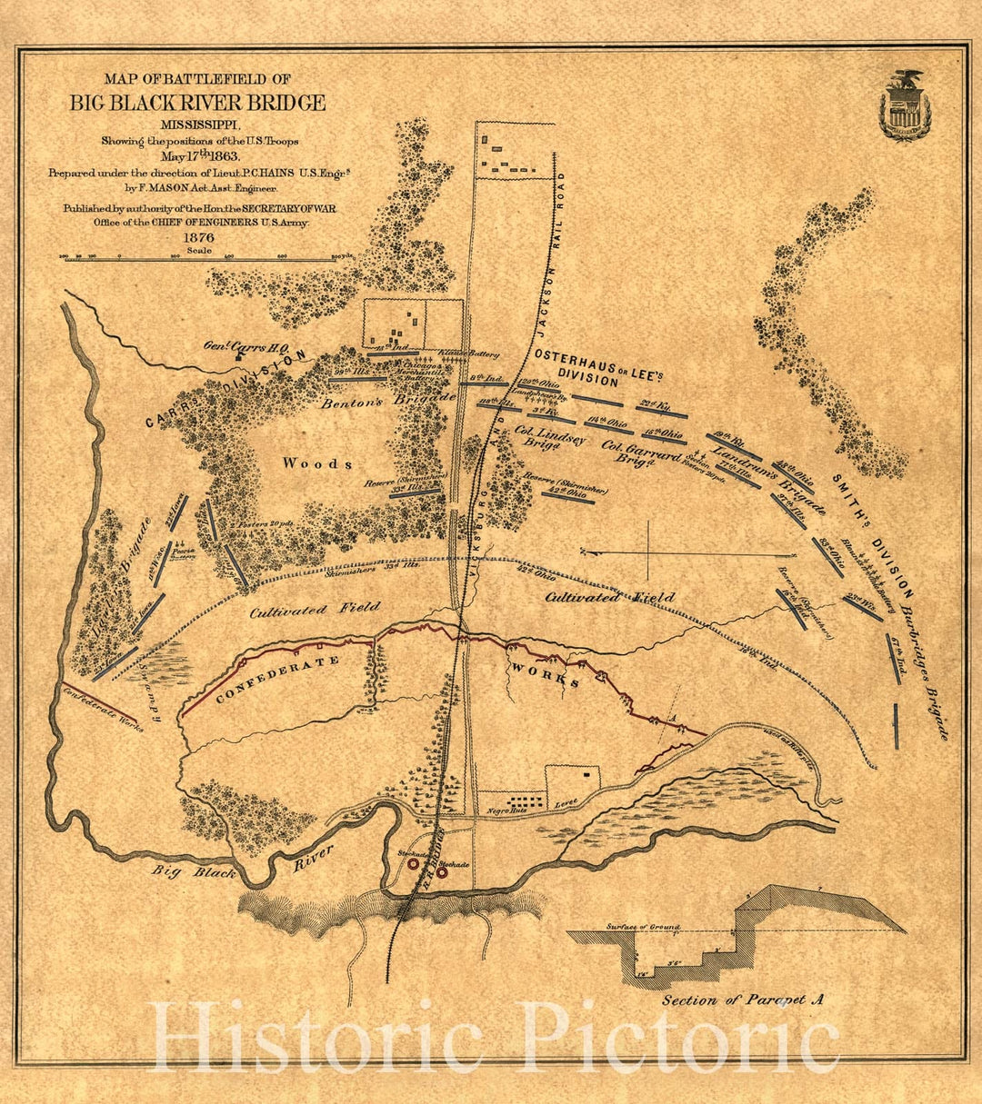 Historic 1876 Map - Map of Battlefield of Big Black River Bridge, Mississippi, Showing The Positions of The U.S. Troops, May 17th 1863