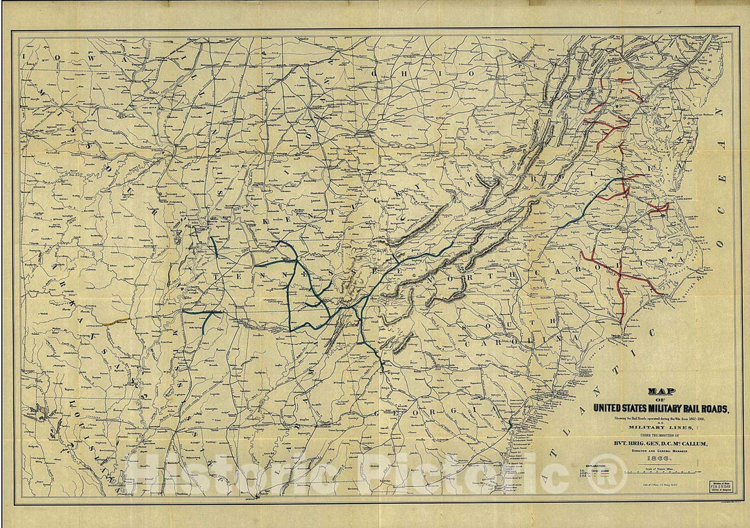 Historic 1866 Map - Map of United States Military Rail Roads, Showing The Rail Roads Operated During The war from 1862-1866, as Military Lines 1