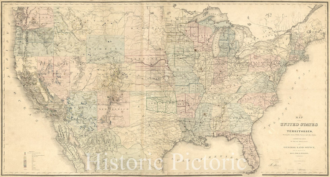 Historic 1868 Map - Map of The United States and Territories, Showing The Extent of Public surveys and Other Details