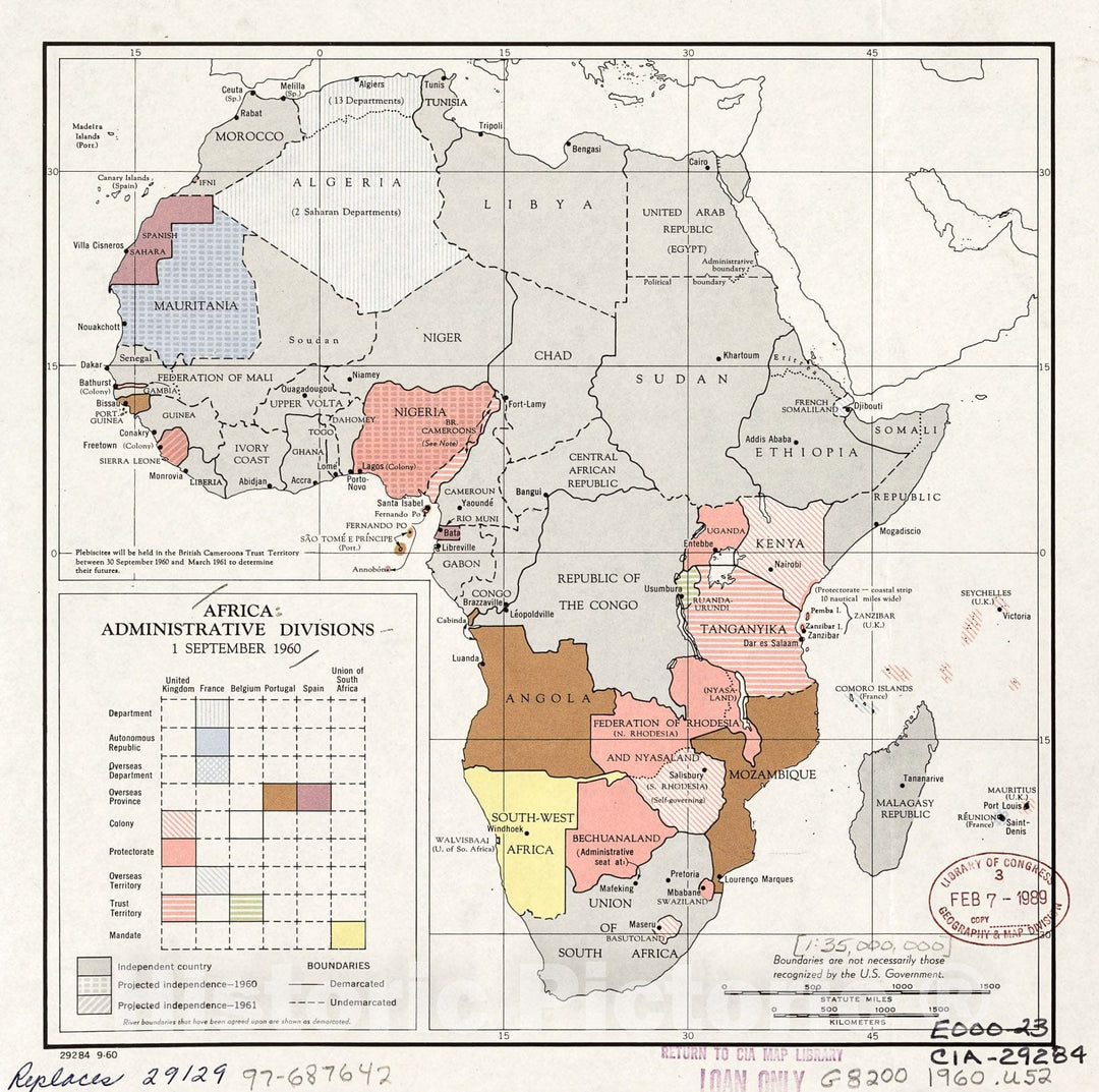 Historic 1960 Map - Africa, Administrative divisions, 1 September 1960.