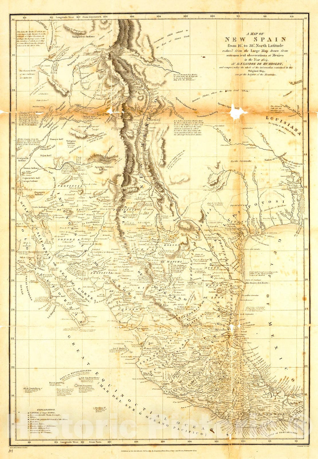 Historic 1804 Map - A map of New Spain, from 16 to 38 North Latitude Reduced from The Large map