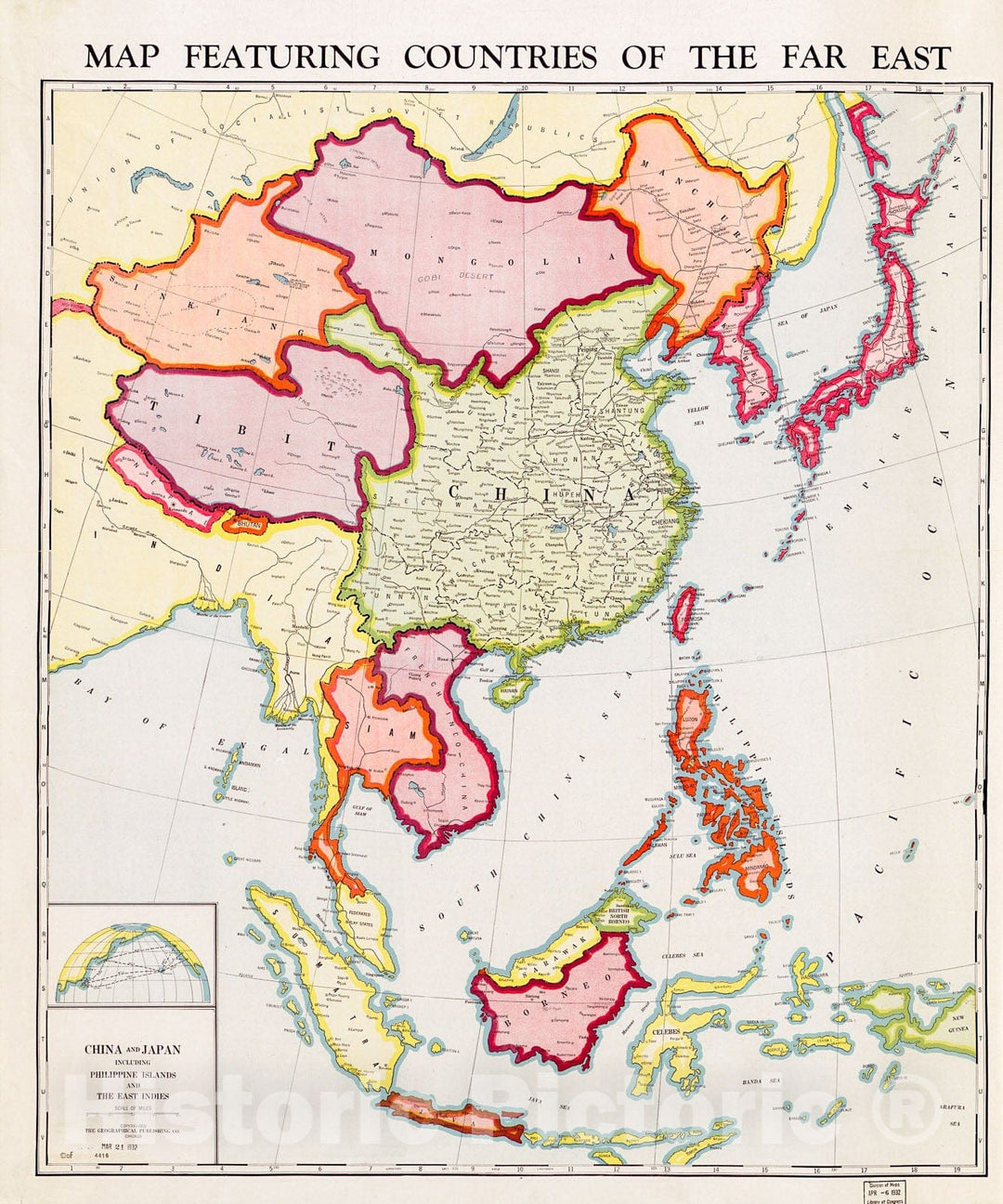 Historic 1932 Map - Map Featuring Countries of The far East