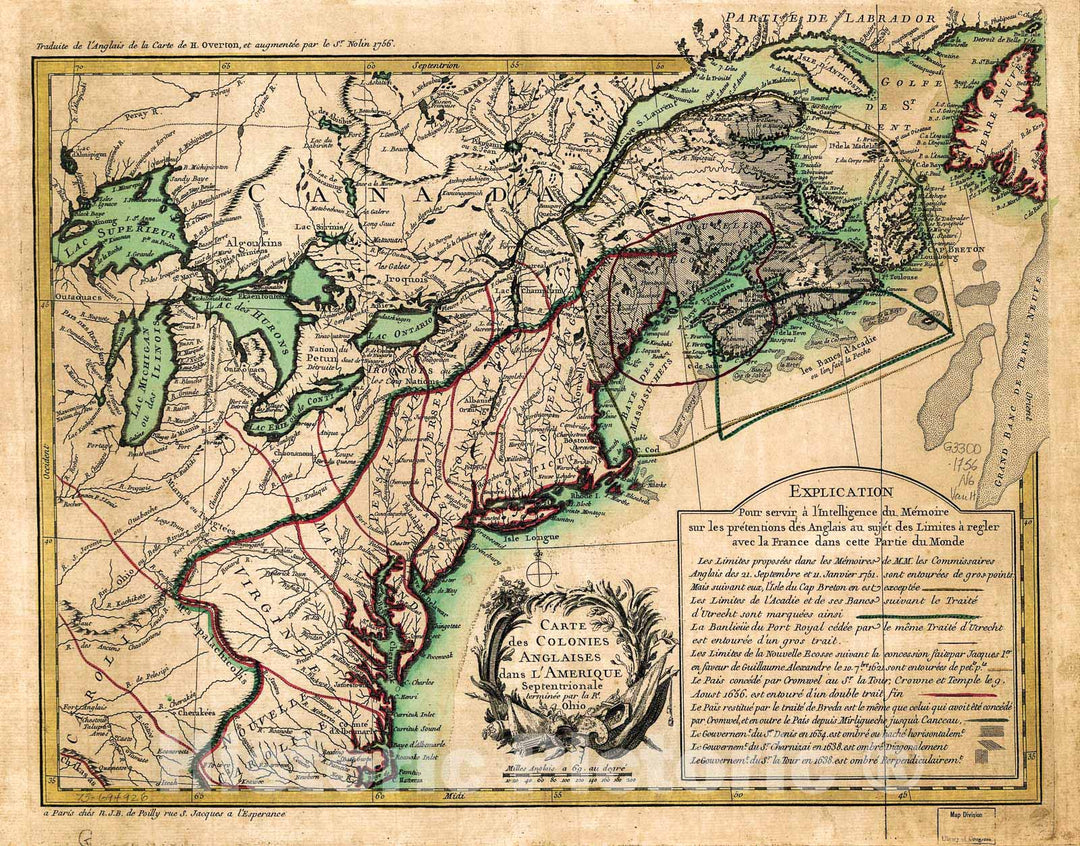 Historic 1756 Map - Carte des Colonies anglaises Dans l'Amérique septentrionale, terminée par la re. Ohio.