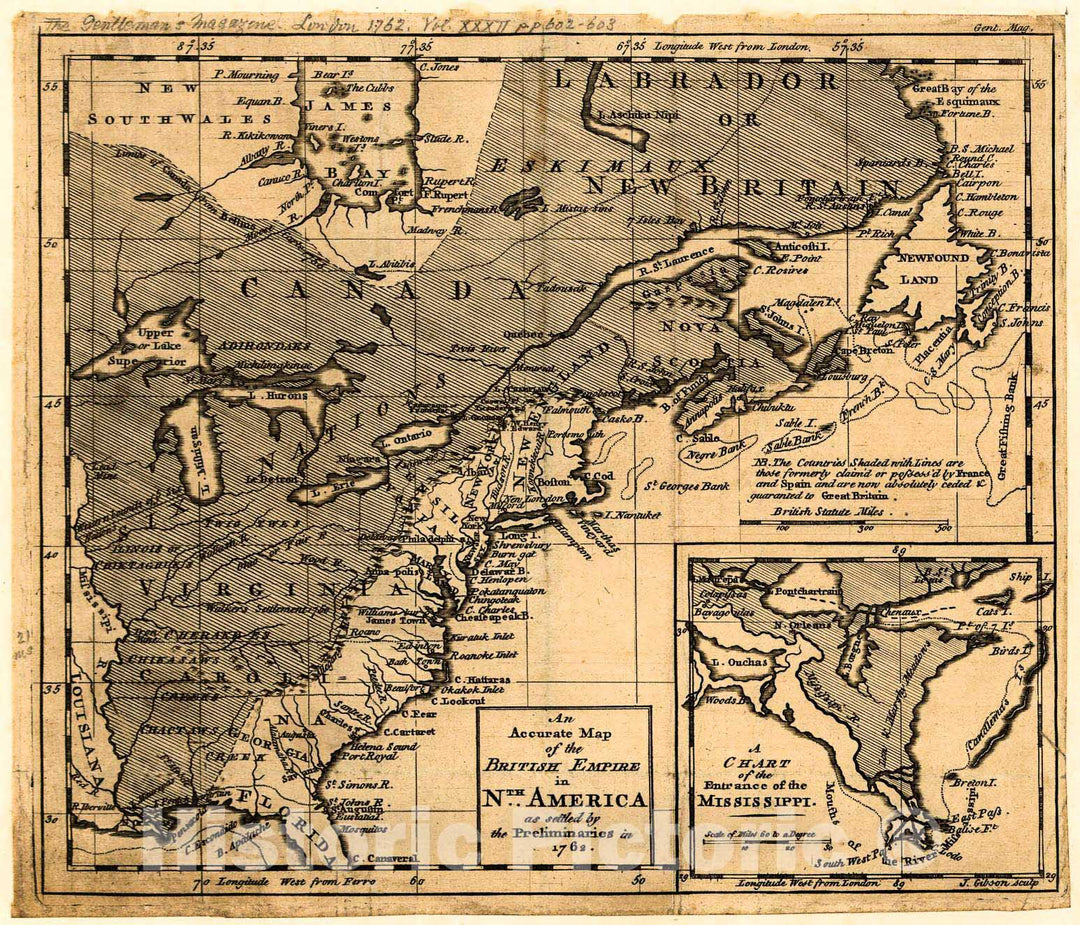 Historic 1762 Map - an Accurate map of The British Empire in NTH. America as Settled by The Preliminaries in 1762