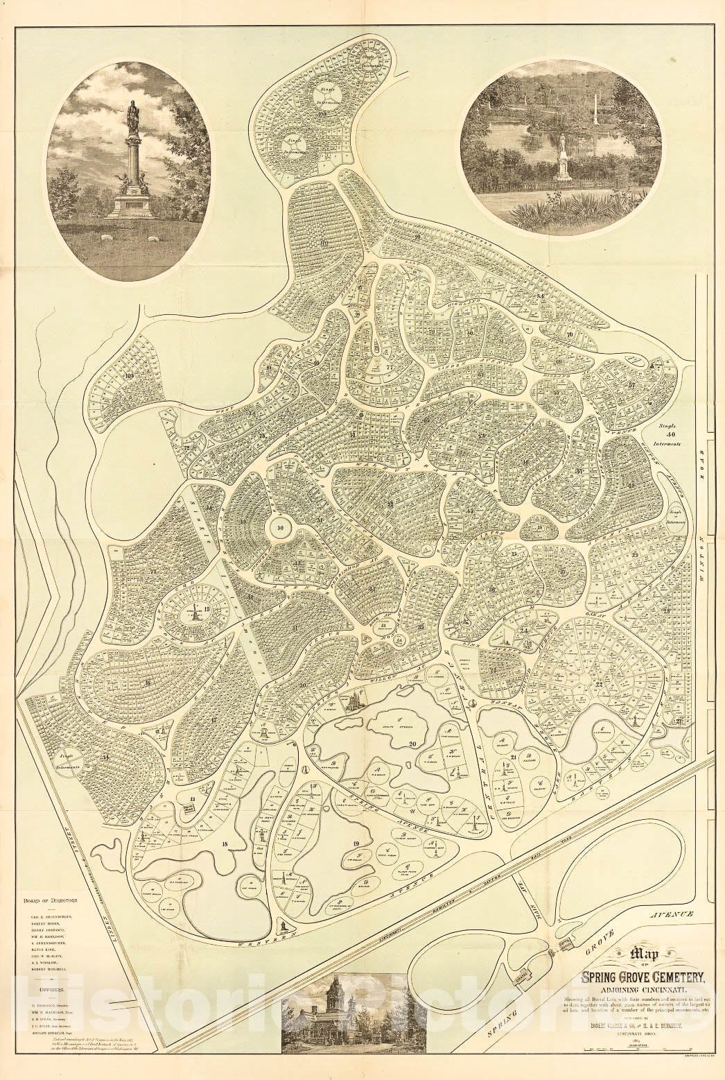 Historic 1883 Map - Map of Spring Grove Cemetery, adjoining Cincinnati : Showing All Burial Lots with Their Numbers and Sections, as Laid Out to Date