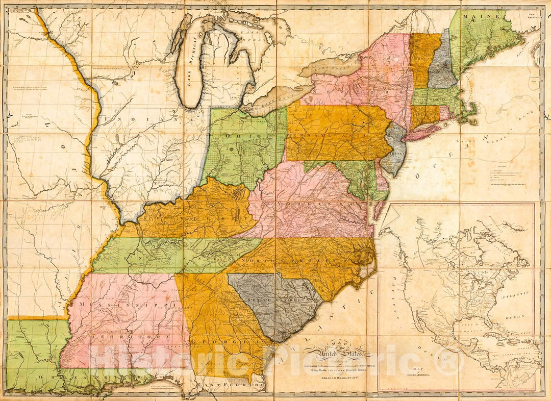 Historic 1804 Map - Map of The United States, exhibiting The Post-Roads, The situations, Connections & Distances of The Post-Offices, Stage Roads, Counties & Principal Rivers