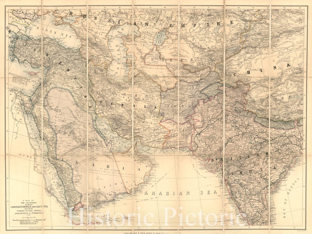 Historic 1885 Map - A map of The Countries Between Constantinople and Calcutta : Including Turkey in Asia, Persia, Afghanistan & Turkestan.