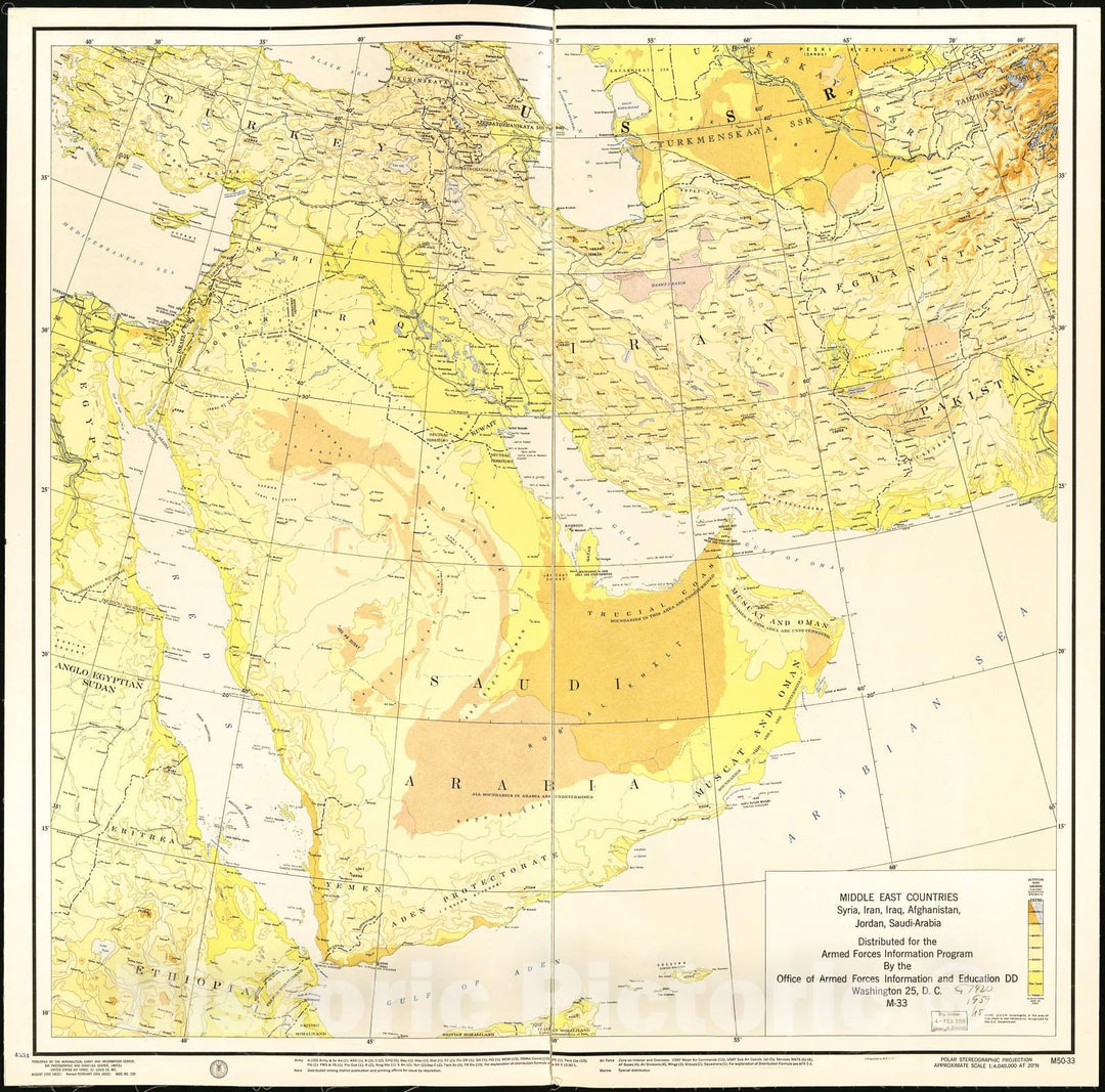 Historic 1955 Map - Middle East Countries : Syria, Iran, Iraq, Afghanistan, Jordan, Saudi-Arabia