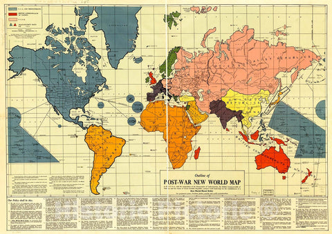 Historic 1942 Map - Outline of Post-war New World map.