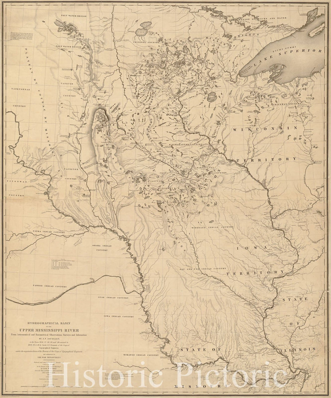 Historic 1843 Map - Hydrographical Basin of The Upper Mississippi River from Astronomical and barometrical observations, surveys, and Information.
