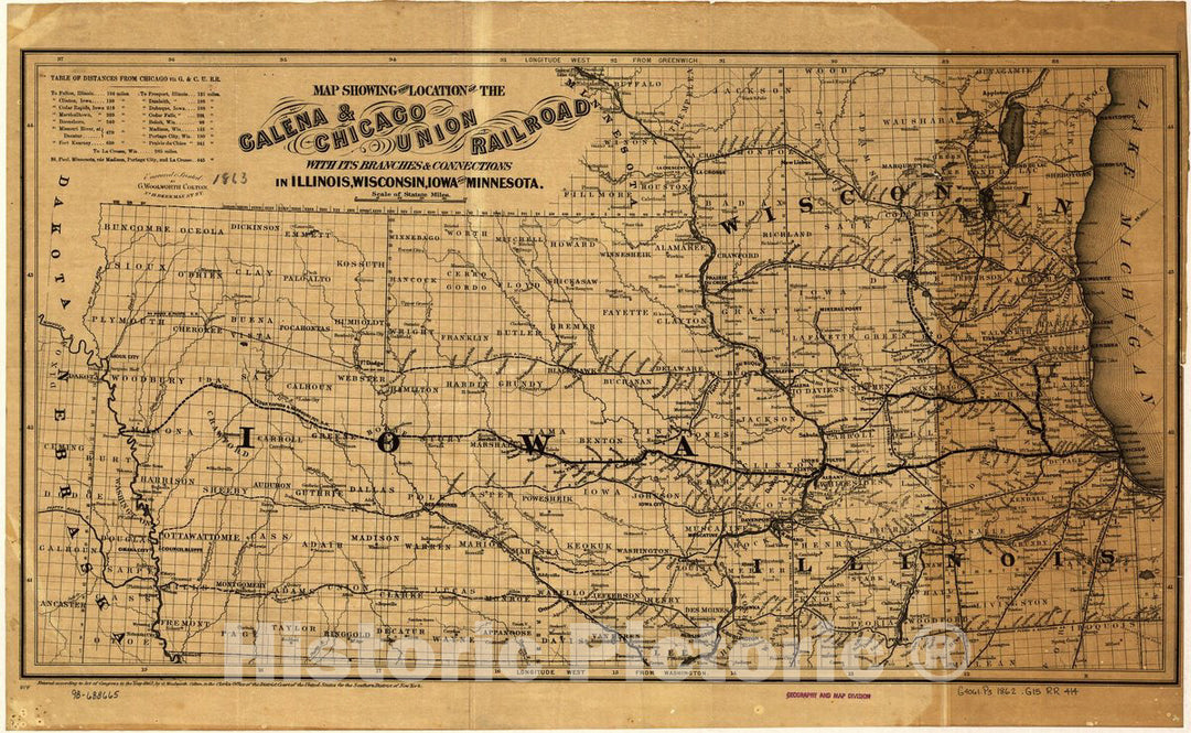 Historic 1862 Map - Map Showing The Location of The Galena & Chicago Union Railroad with its Branches & Connections in Illinois, Wisconsin, Iowa and Minnesota.