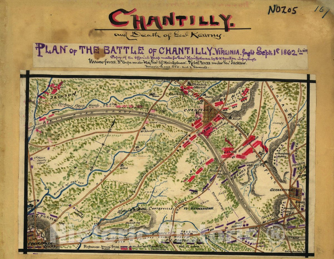 Historic 1862 Map - Plan of The Battle of Chantilly, Virginia. Fought Septr. 1st 1862, 5 to 10 PM.