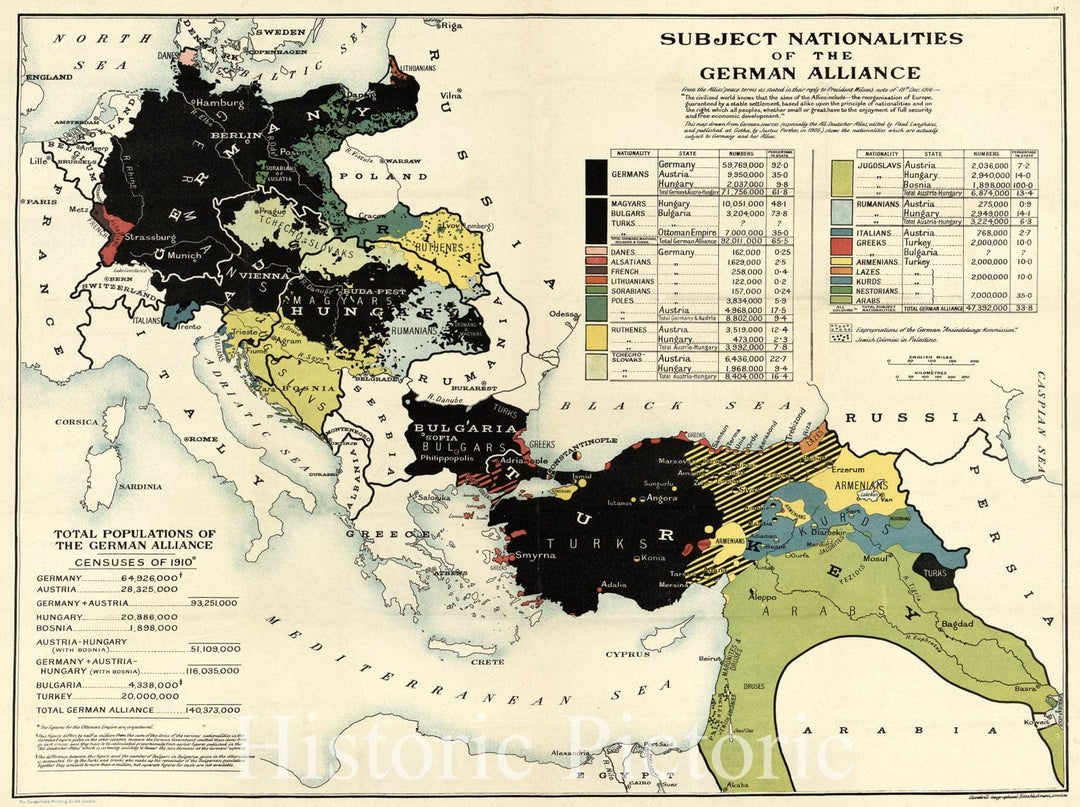 Historic 1910 Map - Subject Nationalities of The German Alliance : from The Allies' Peace Terms as Stated in Their Reply to President Wilson's Note of 19th Dec. 1916 : Eurasia