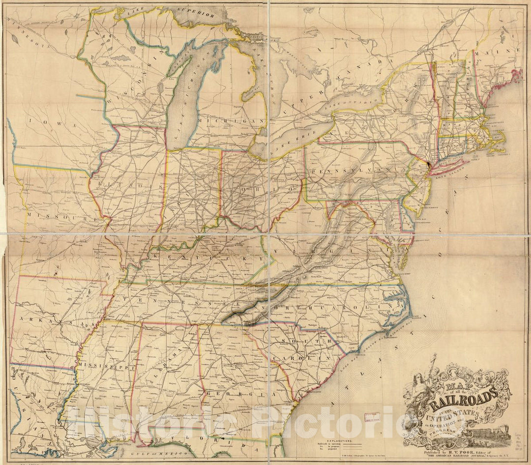 Historic 1854 Map - Map of All The Railroads in The United States in Operation and Progress; Drawn and Engraved Under Direction of The Editor of The American Railroad Journal.