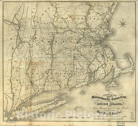 Historic 1846 Map - Sketch of The States of Massachusetts, Connecticut, and Rhode Island, and Parts of New Hampshire & New York exhibiting The Several Rail Road Routes Completed
