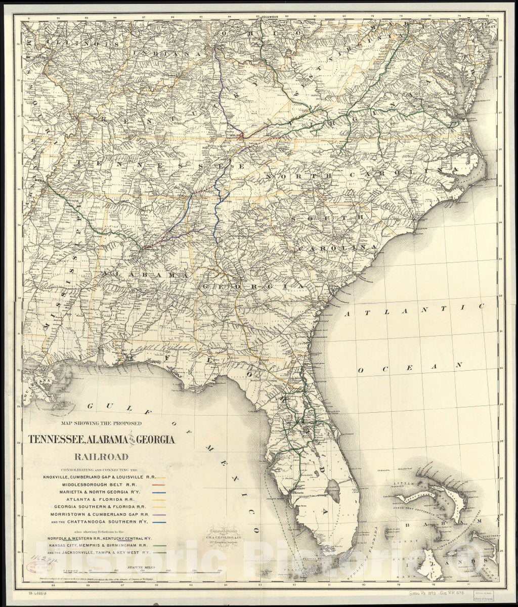 Historic 1893 Map - Map Showing The Proposed Tennessee, Alabama, and Georgia Railroad.